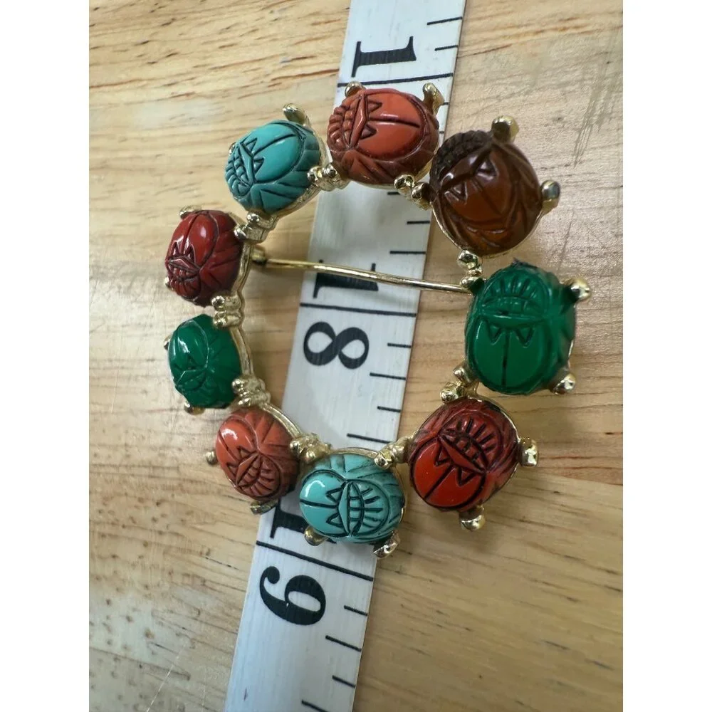 Vintage Gold-Tone Brooch With Multicolored Scarab Gemstones & Egyptian Revival - Picture 2 of 8